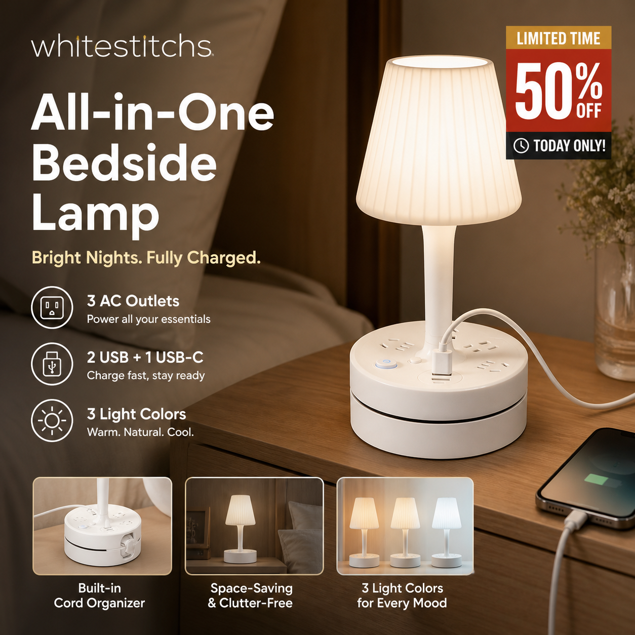 💡Lampe de chevet avec prises USB et secteur,3/4 prises secteur, 2 ports USB, 1 port Type-C. ⭐🏠