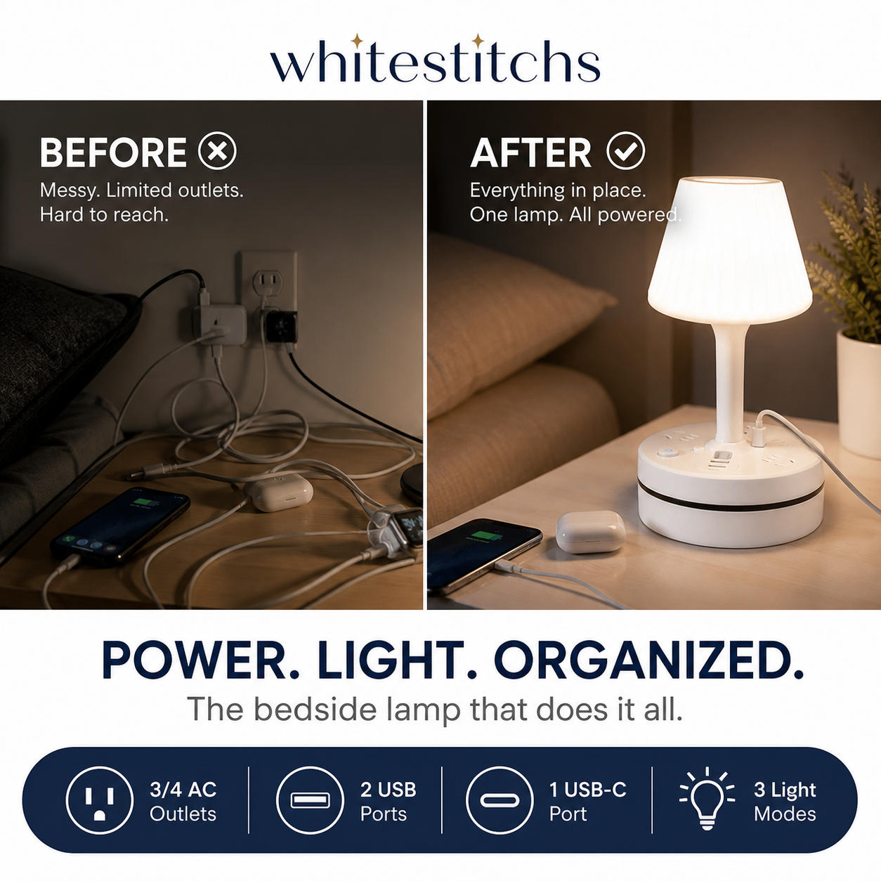 💡Lampe de chevet avec prises USB et secteur,3/4 prises secteur, 2 ports USB, 1 port Type-C. ⭐🏠
