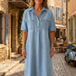 👗🔥Robe-Chemise Midi Jean Femme Poches – Tissu Structuré Non Collant Coupe Oversize Flatteuse Toutes Morphologies S-3XL, Col V Ajustable Manches Courtes Élégance Quotidienne, Légère Respirante✨