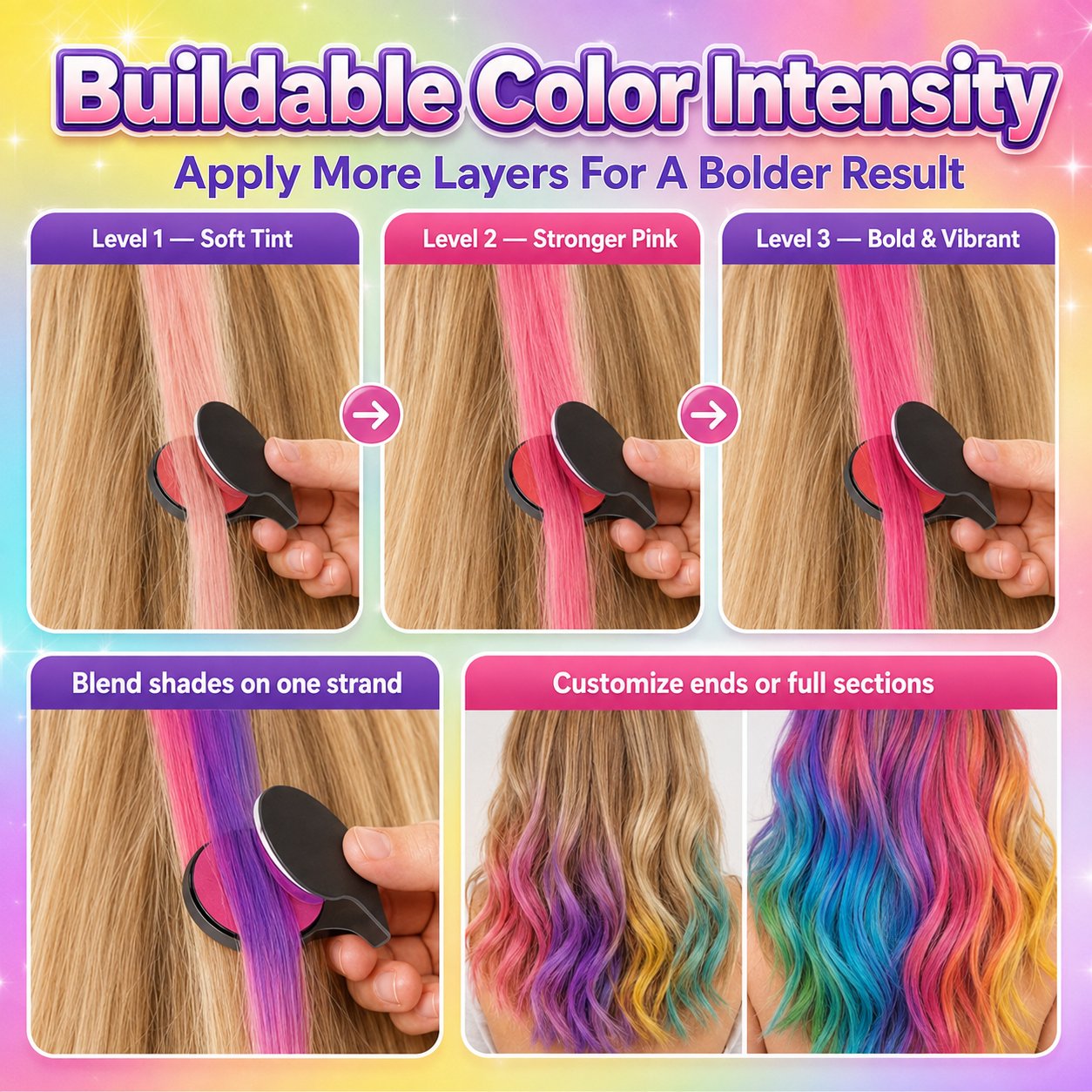 🌈 Kit de Craie Temporaire pour Cheveux — 12 Couleurs Vibrantes, Applicateur à Pince, Lavable, Sans Teinture Permanente ✨