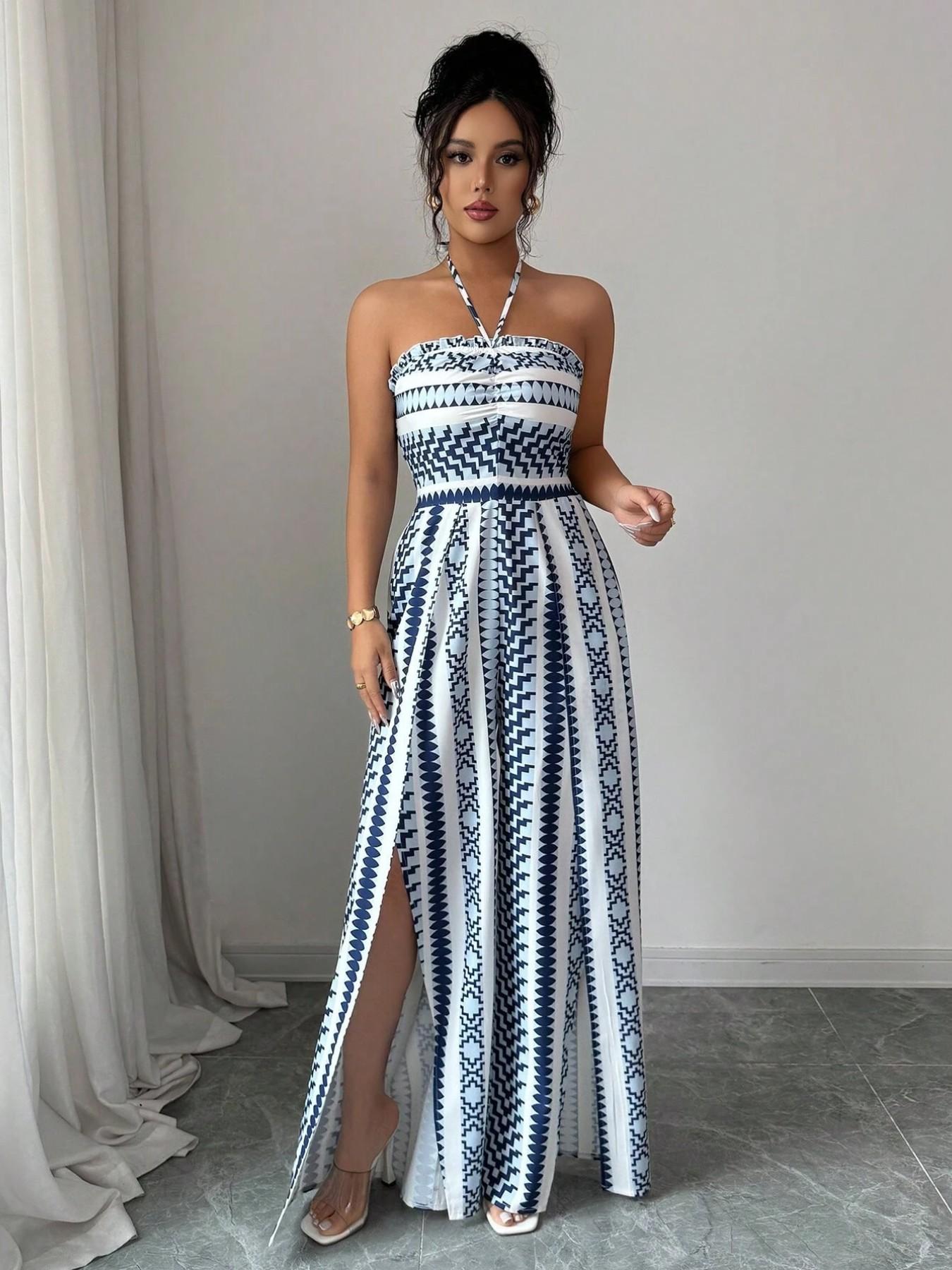 👗 50% DE RÉDUCTION 💥 Combinaison motifs géométriques – Encolure dos nu & fente latérale – Tissu fluide, polyvalente – parfaite pour les soirées ou les vacances ✨