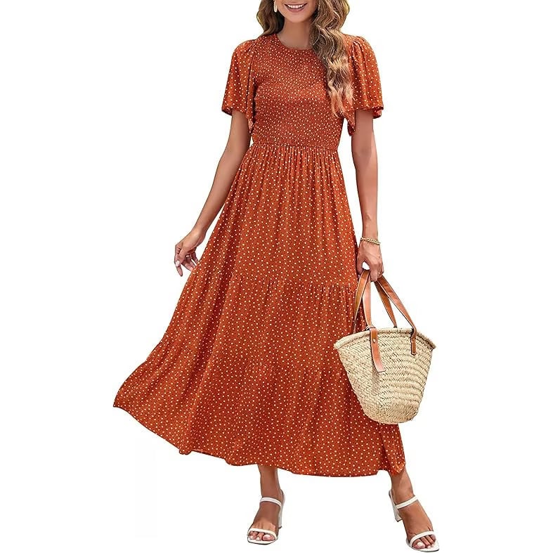 ⏰Robe longue fluide pour femme, style décontracté, à imprimé floral, manches flottantes, smockée et taille haute