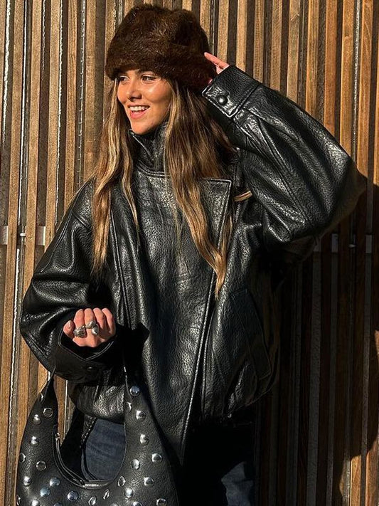🔥Style Audacieux & Surdimensionné | Veste Moto en Similicuir Noir🖤