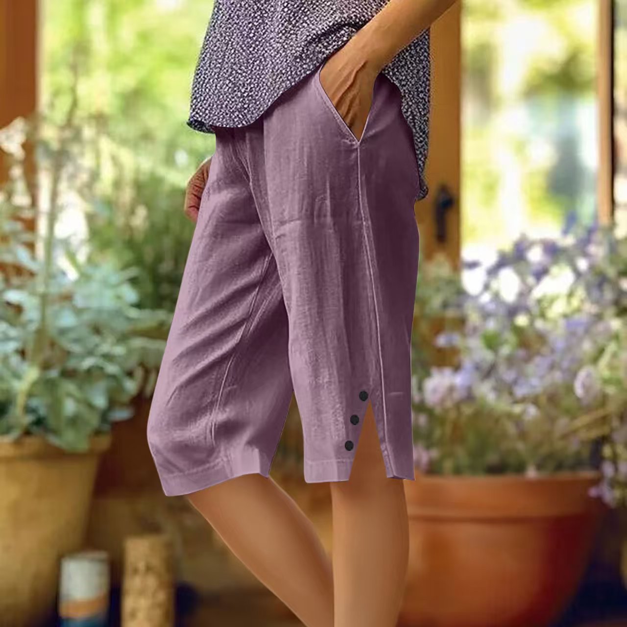⏳Offre à durée limitée⏰Pantalon capri décontracté unie avec poches pour femme