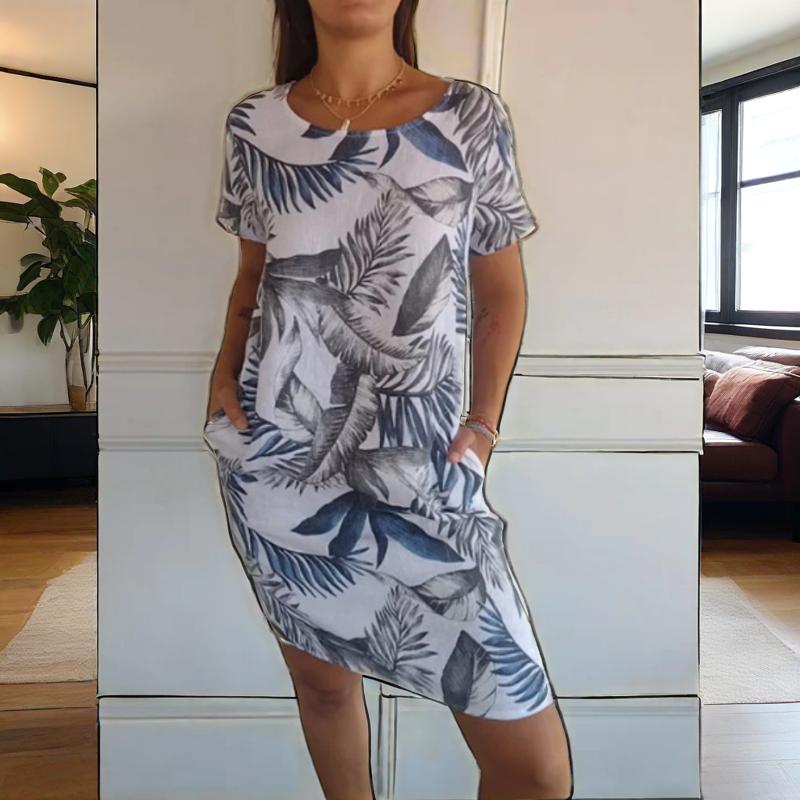 🍀Robe à Col Rond à Imprimé Botanique – Vente de Printemps – Tissu Léger, Motif Naturel & Coupe Décontractée🌸