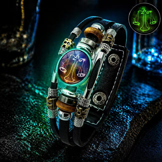 ✨ Bracelet en Cuir Phosphorescent Signe du Zodiaque — 12 Signes, Homme & Femme, 6,9 / 8,1 Pouces, Idée Cadeau 🌙