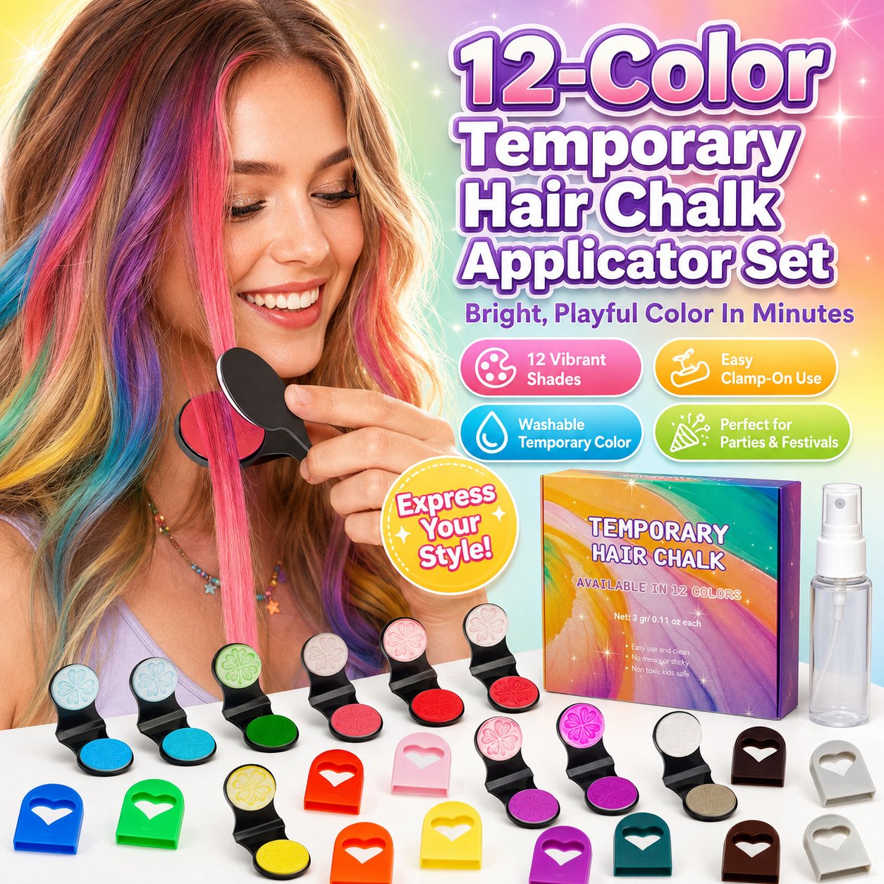 🌈 Kit de Craie Temporaire pour Cheveux — 12 Couleurs Vibrantes, Applicateur à Pince, Lavable, Sans Teinture Permanente ✨
