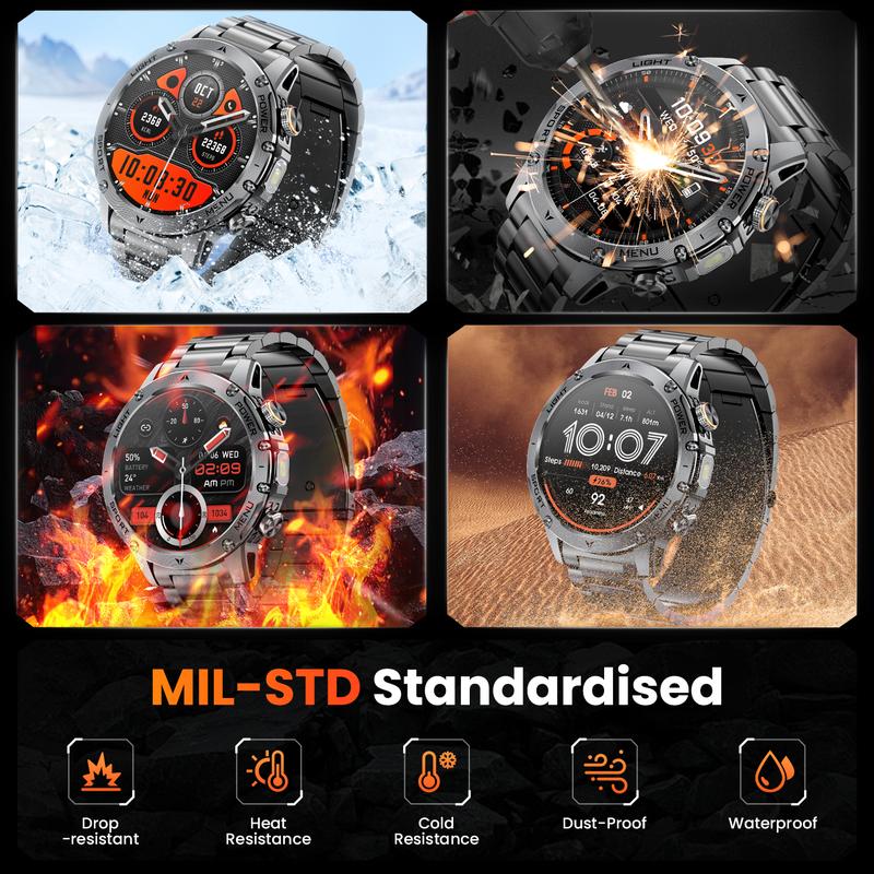 Montre Connectée Style Militaire pour Homme – Écran AMOLED 1,7", Batterie 1100 mAh, Étanche IP68, 110+ Modes Sport