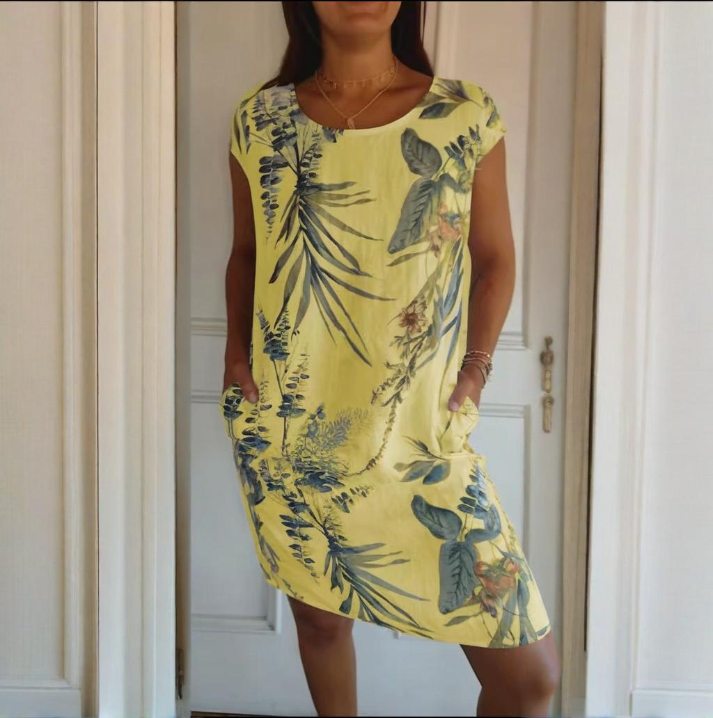 🍀Robe à Col Rond à Imprimé Botanique – Vente de Printemps – Tissu Léger, Motif Naturel & Coupe Décontractée🌸