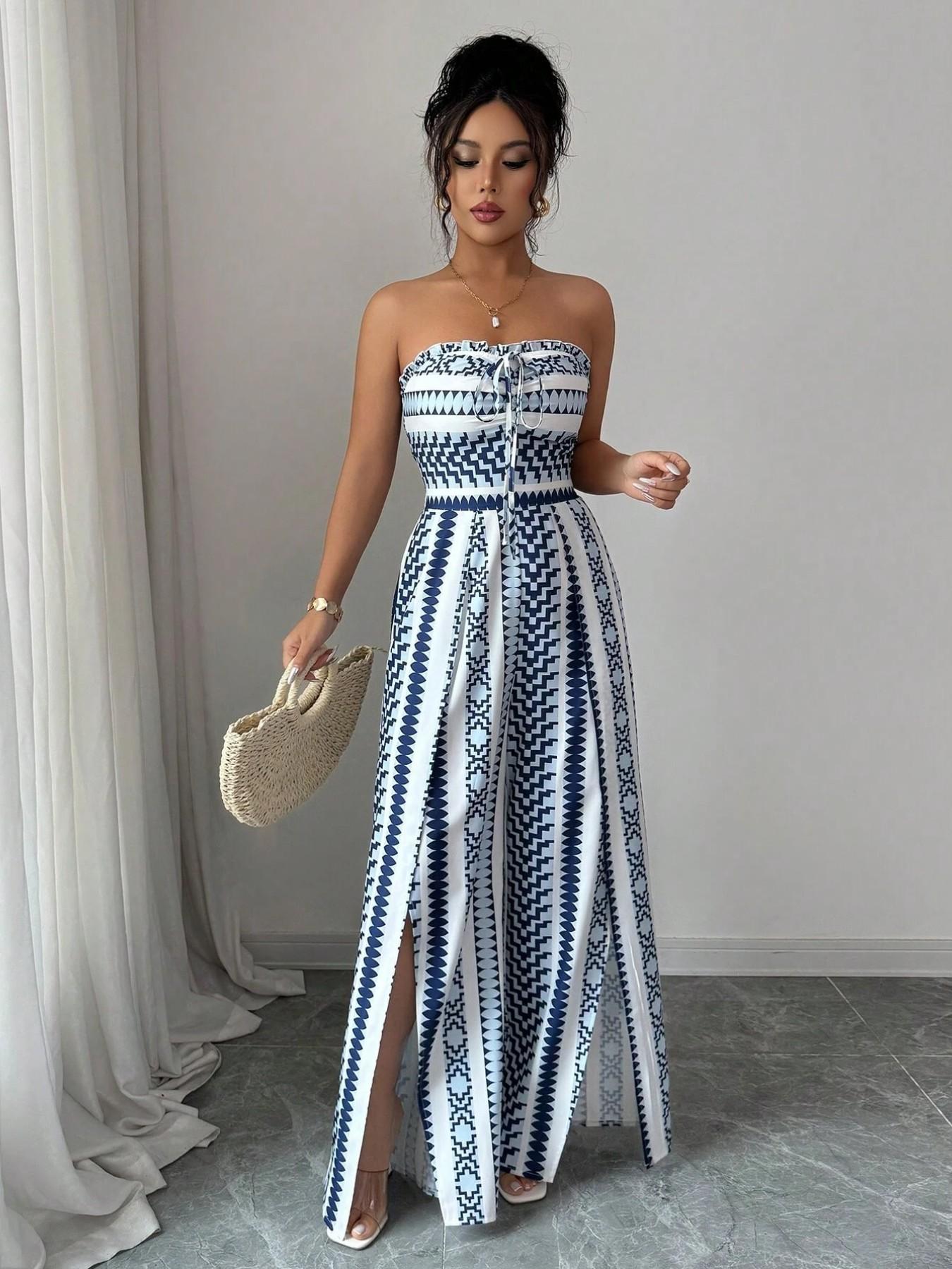 👗 50% DE RÉDUCTION 💥 Combinaison motifs géométriques – Encolure dos nu & fente latérale – Tissu fluide, polyvalente – parfaite pour les soirées ou les vacances ✨
