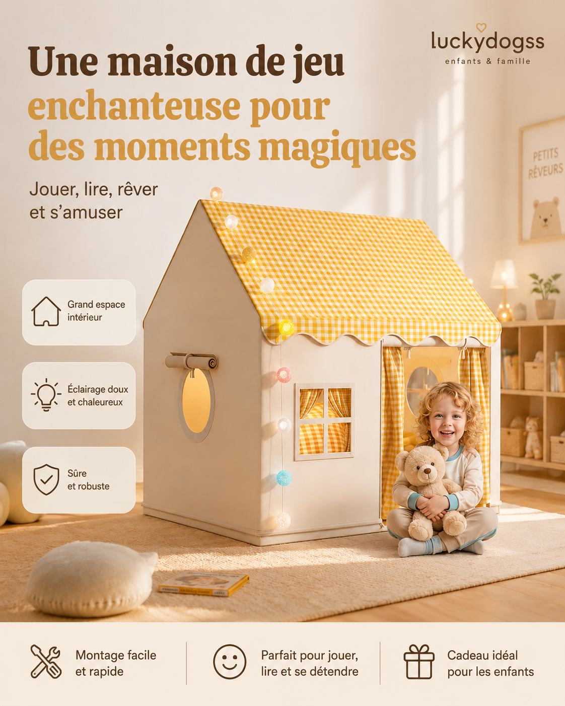 🏰Tente Jeu Enfants Château – Spacieuse Facile Montage Secondes, Tissu Respirant Intérieur Extérieur Toutes Saisons, Stimule Imagination Créativité Jeu Symbolique · Gris Rose Jaune ✨