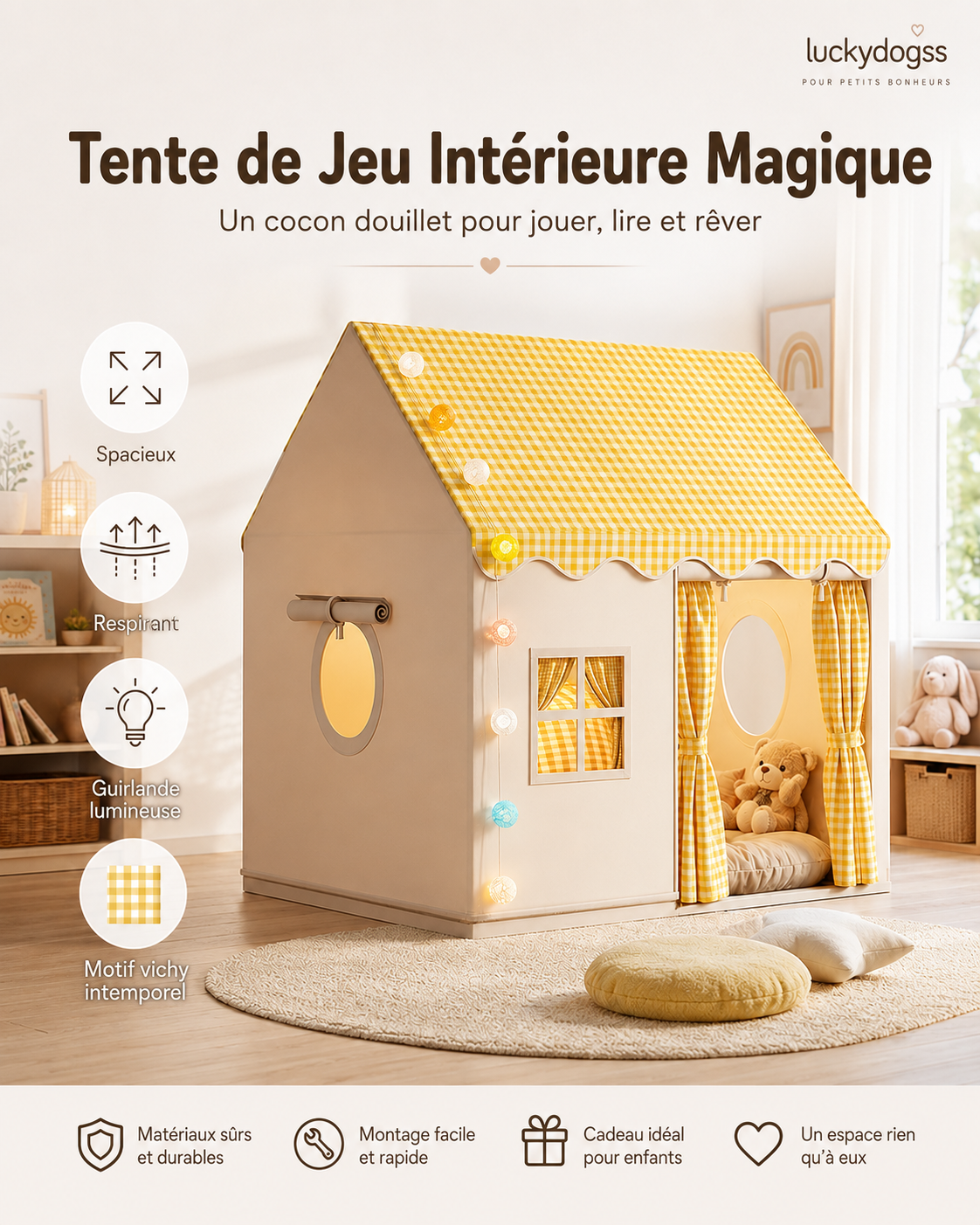 🏰Tente Jeu Enfants Château – Spacieuse Facile Montage Secondes, Tissu Respirant Intérieur Extérieur Toutes Saisons, Stimule Imagination Créativité Jeu Symbolique · Gris Rose Jaune ✨