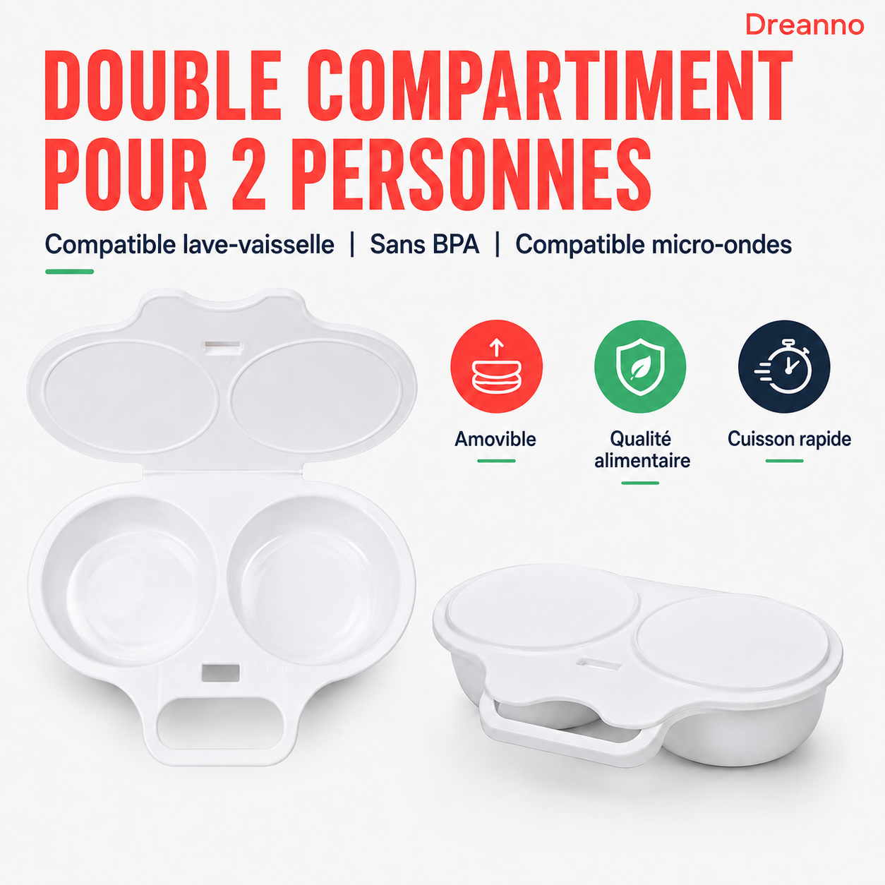 🥚 -50% ! 🛡️ Cuiseur à Œufs Anti-Éclaboussures – PP Alimentaire – Double Cavité & Couvercle Hermétique – Œuf Poché Sain au Micro-Ondes sans Effort 🌿