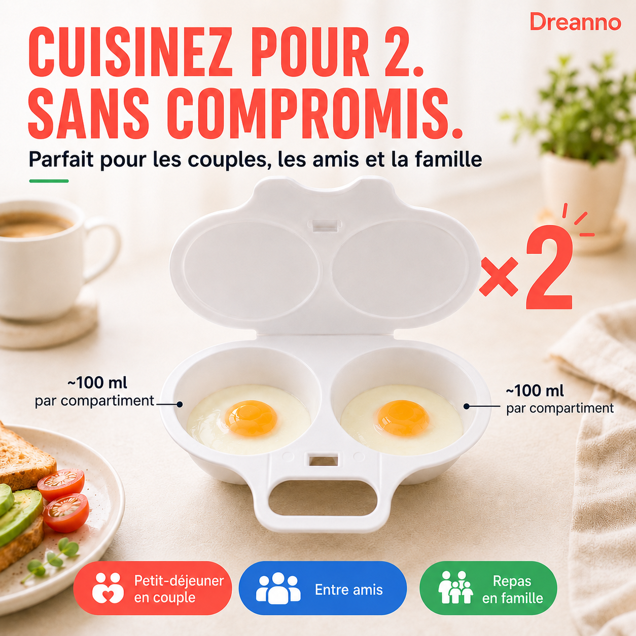 🥚 -50% ! 🛡️ Cuiseur à Œufs Anti-Éclaboussures – PP Alimentaire – Double Cavité & Couvercle Hermétique – Œuf Poché Sain au Micro-Ondes sans Effort 🌿