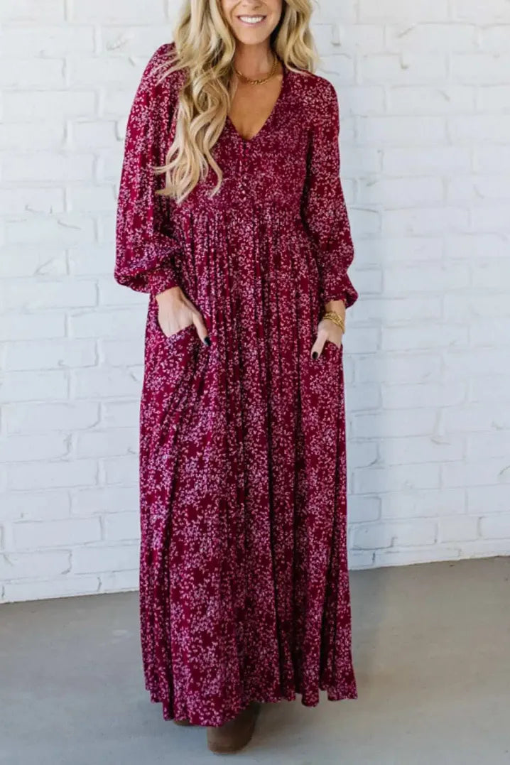 💎50% DE RÉDUCTION💎Robe Longue à Fleurs en Rayonne – Taille Smockée, Doublure Intégrale & Poches Cachées🌸👗