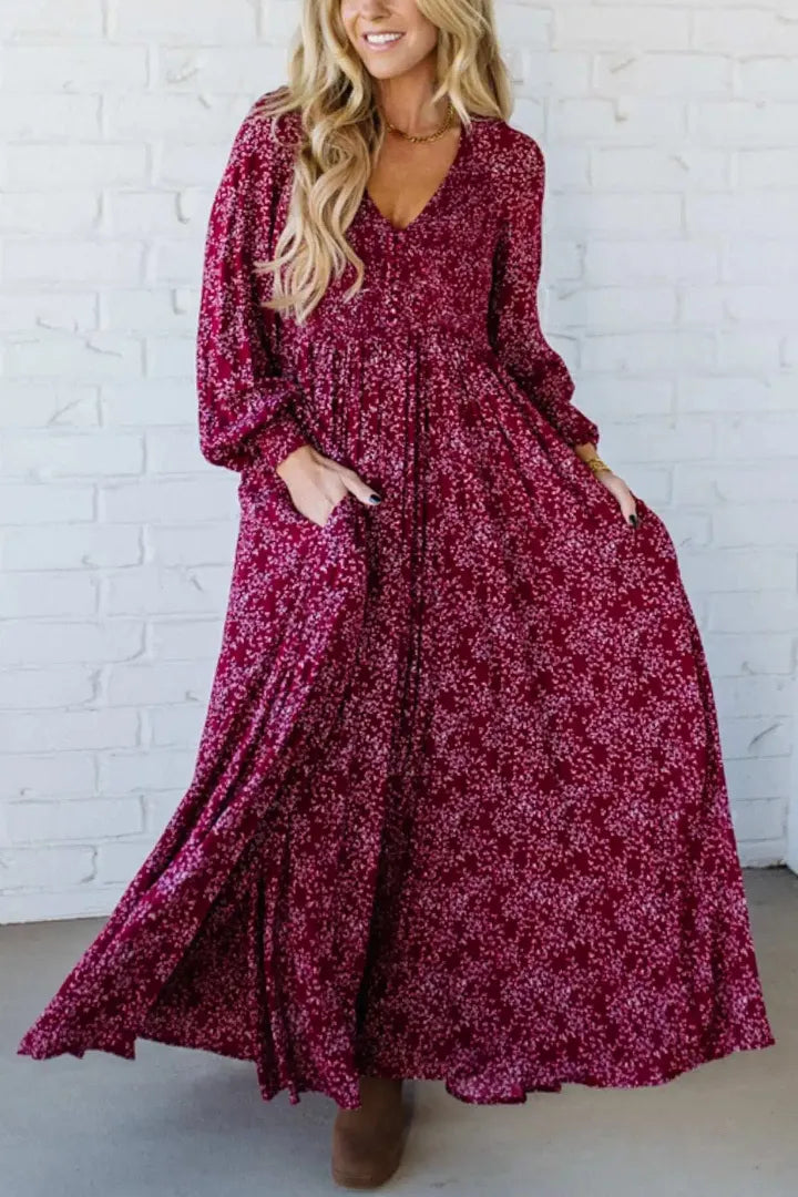 💎50% DE RÉDUCTION💎Robe Longue à Fleurs en Rayonne – Taille Smockée, Doublure Intégrale & Poches Cachées🌸👗