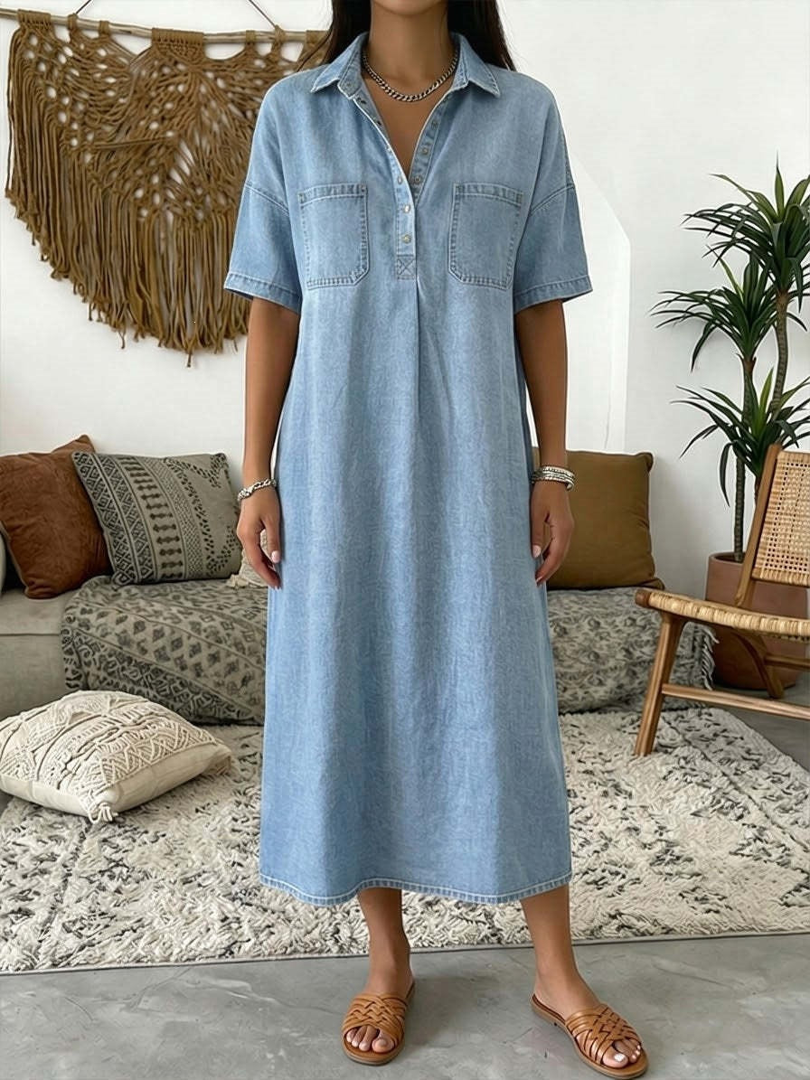 👗🔥Robe-Chemise Midi Jean Femme Poches – Tissu Structuré Non Collant Coupe Oversize Flatteuse Toutes Morphologies S-3XL, Col V Ajustable Manches Courtes Élégance Quotidienne, Légère Respirante✨