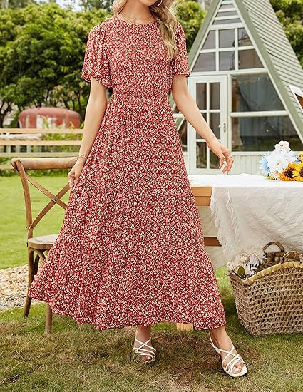 ⏰Robe longue fluide pour femme, style décontracté, à imprimé floral, manches flottantes, smockée et taille haute