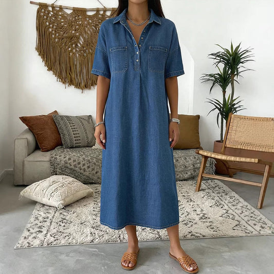 👗🔥Robe-Chemise Midi Jean Femme Poches – Tissu Structuré Non Collant Coupe Oversize Flatteuse Toutes Morphologies S-3XL, Col V Ajustable Manches Courtes Élégance Quotidienne, Légère Respirante✨