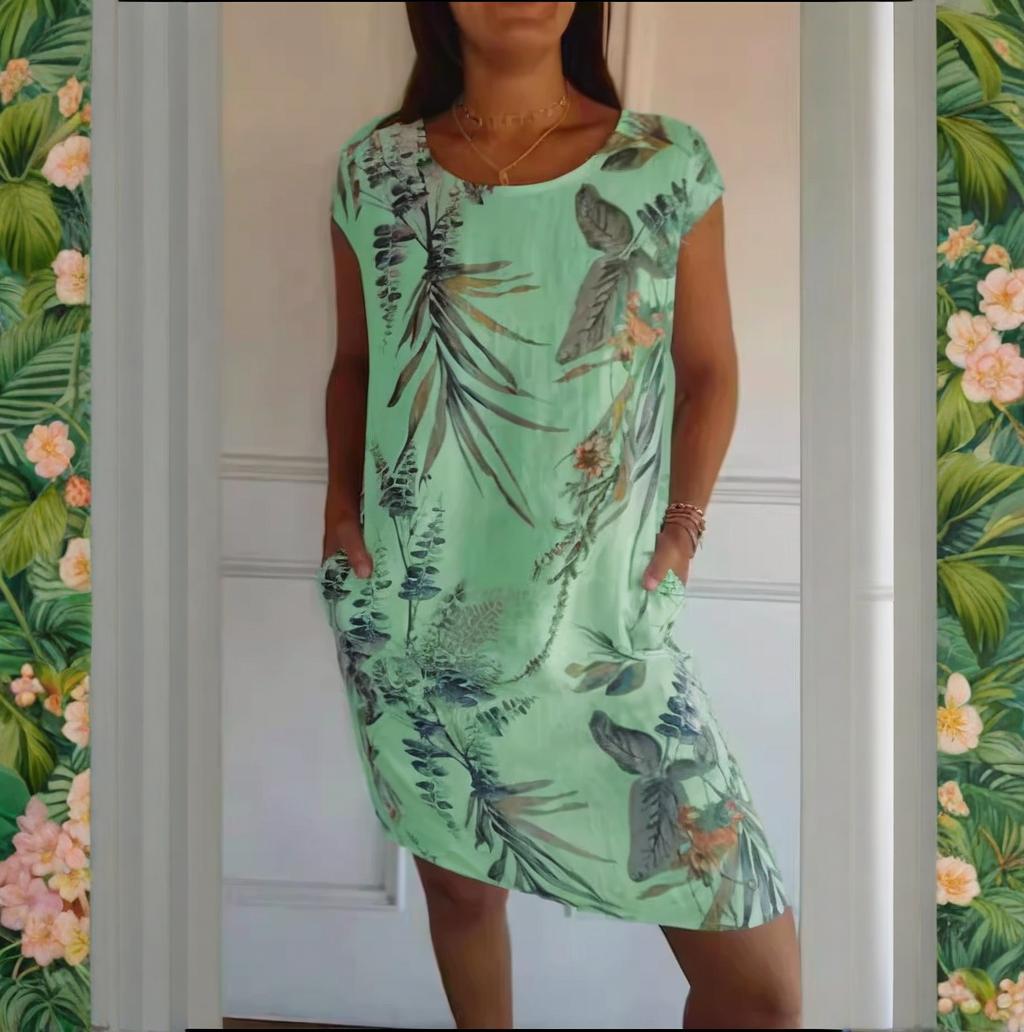 🍀Robe à Col Rond à Imprimé Botanique – Vente de Printemps – Tissu Léger, Motif Naturel & Coupe Décontractée🌸