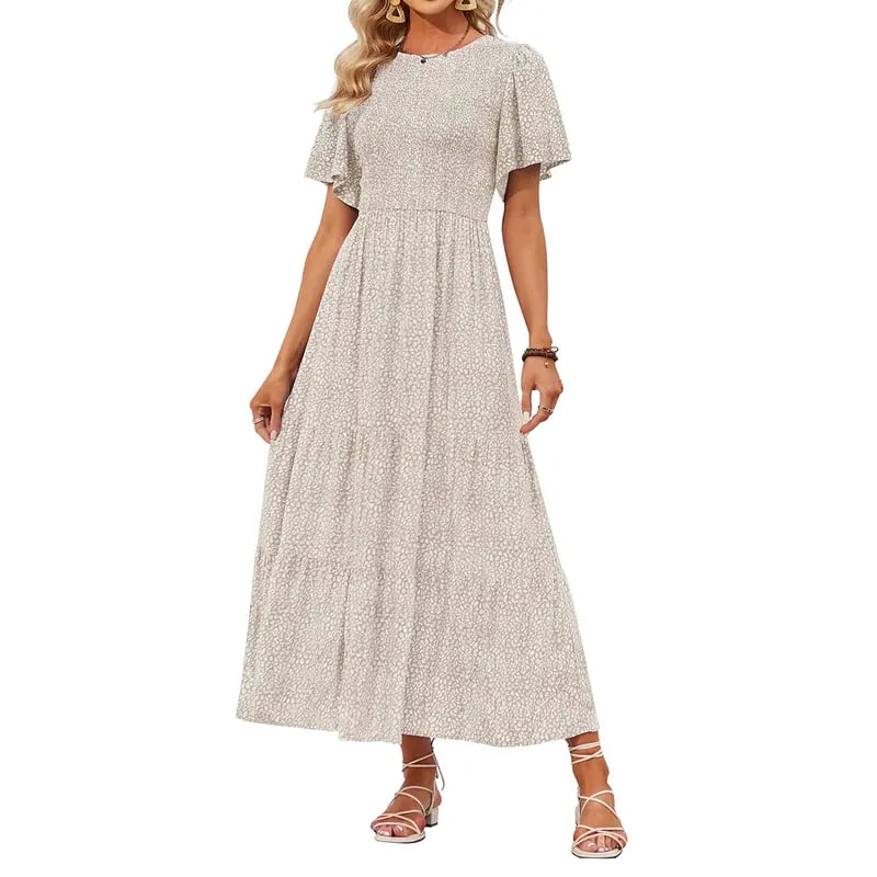 ⏰Robe longue fluide pour femme, style décontracté, à imprimé floral, manches flottantes, smockée et taille haute