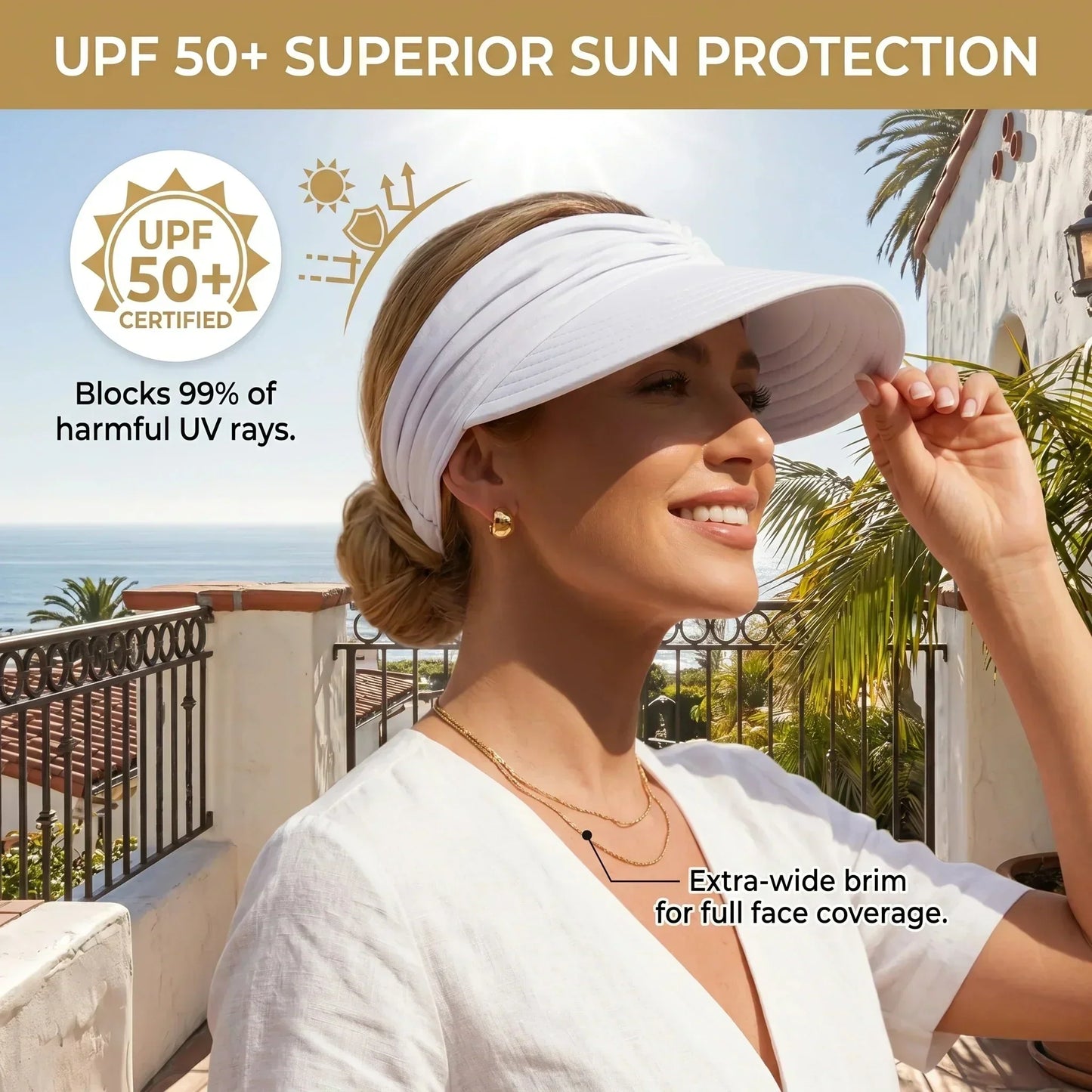 Visière Solaire UPF 50+ avec Trou pour Queue de Cheval | Casquette Pliable Plage & Golf Femme
