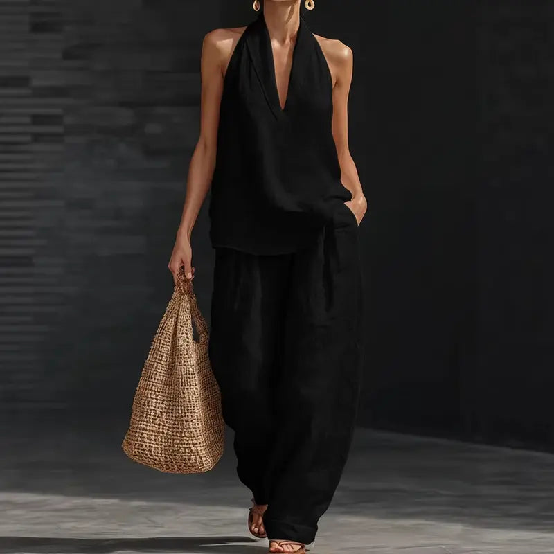 ✨🔥Ensemble deux pièces en lin bohème – Haut sans manches à col haltère et pantalon à jambes larges