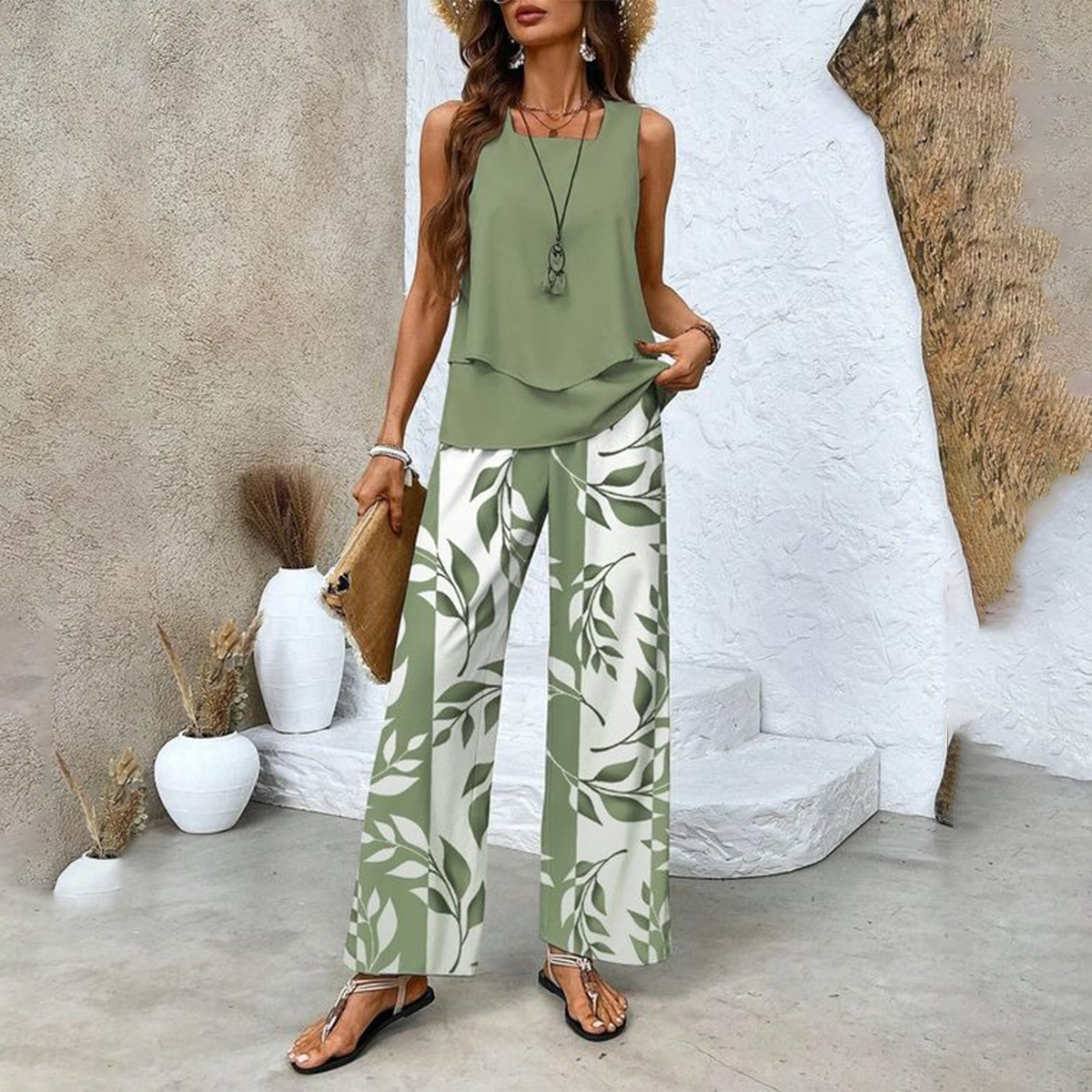 🌺Ensemble 2 pièces à imprimé tendance pour femmes - Top et pantalon sans manches