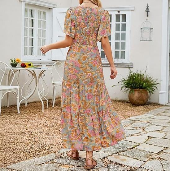 ⏰Robe longue fluide pour femme, style décontracté, à imprimé floral, manches flottantes, smockée et taille haute