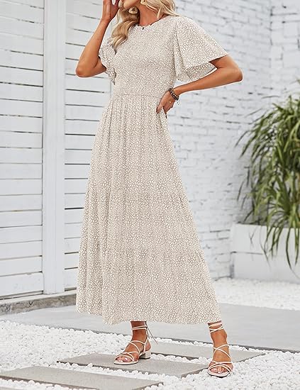 ⏰Robe longue fluide pour femme, style décontracté, à imprimé floral, manches flottantes, smockée et taille haute