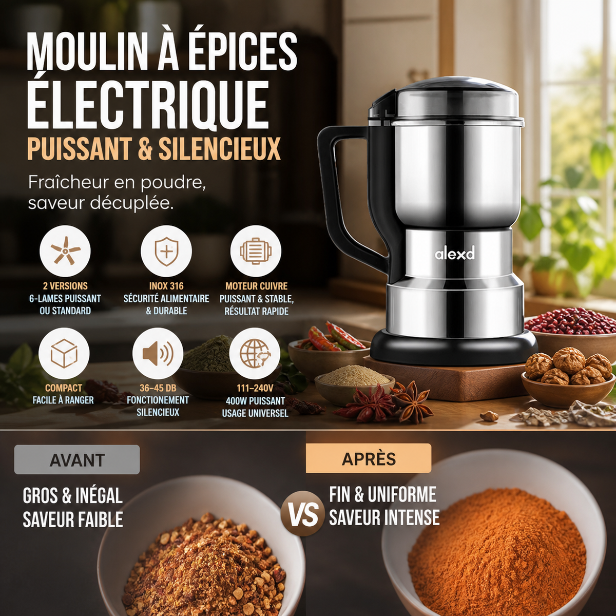 Mini Moulin Broyeur Électrique – Inox 316, Moteur Cuivre 400W Silencieux