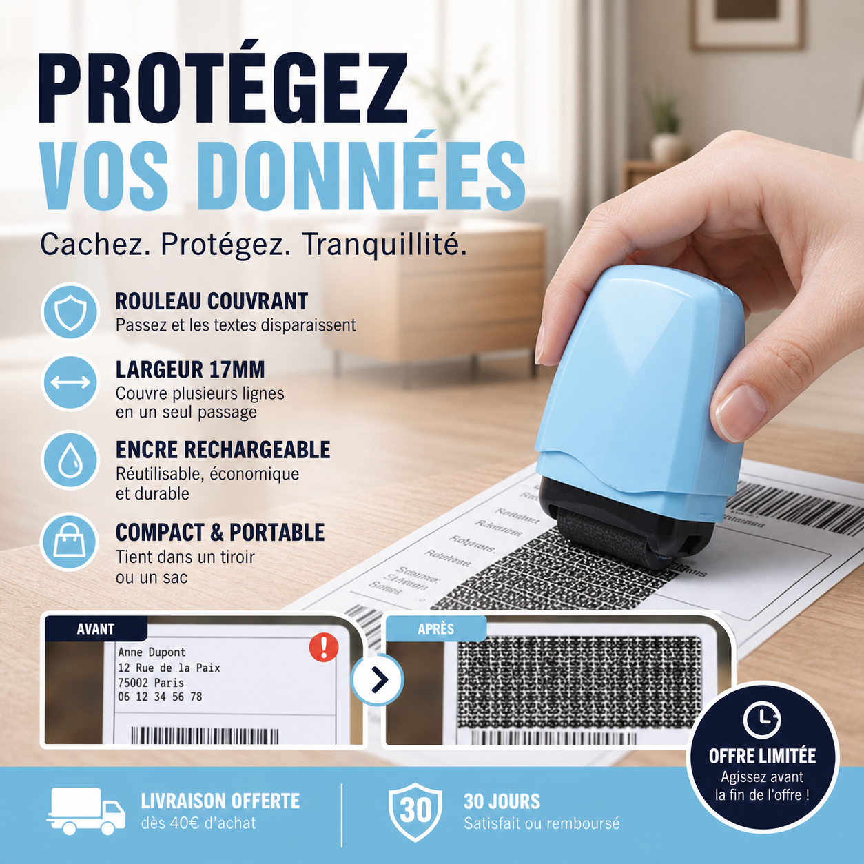 🏆 Un acheté, un offert ⏰ Tampon rouleau de protection des données