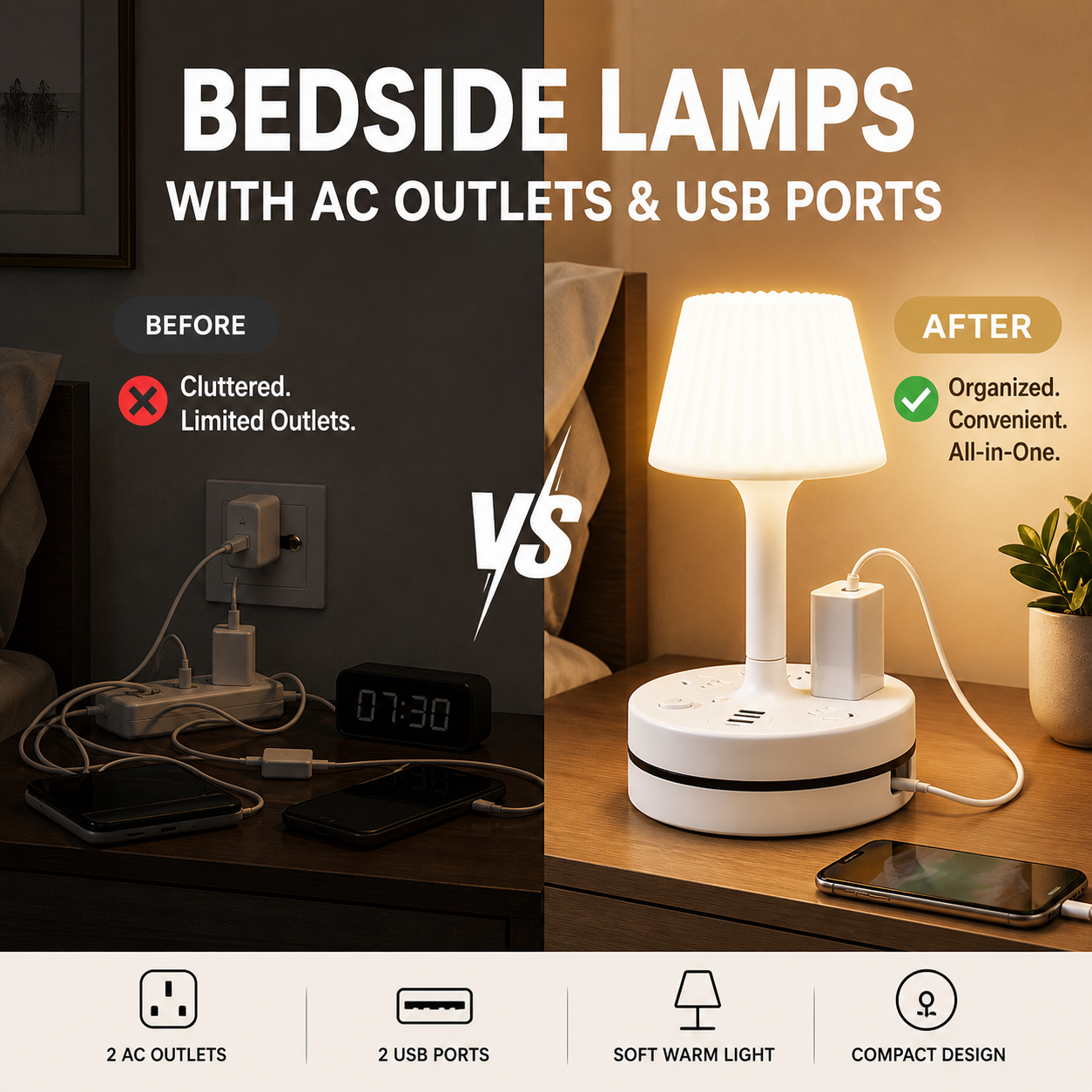 💡Lampe de chevet avec prises USB et secteur,3/4 prises secteur, 2 ports USB, 1 port Type-C. ⭐🏠