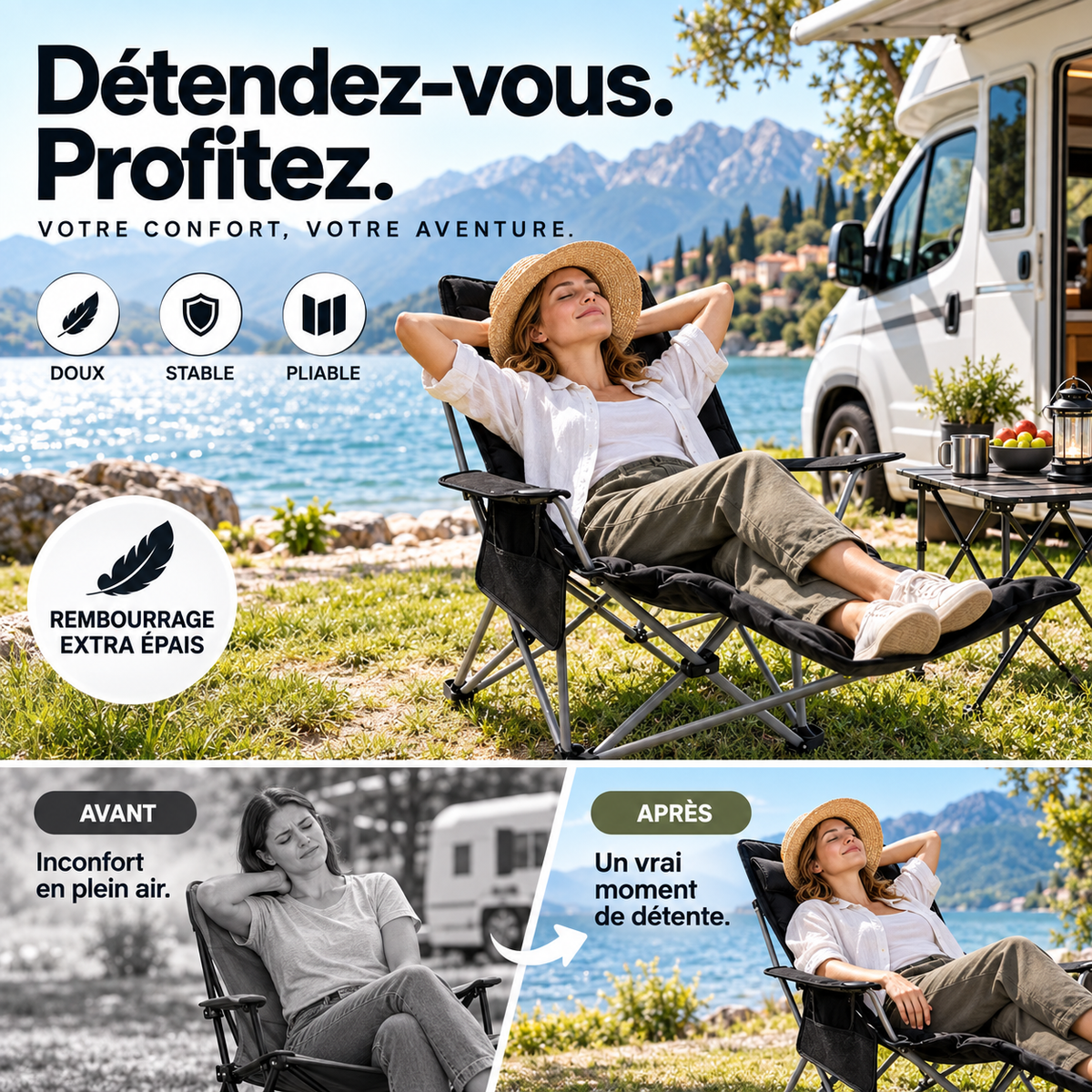 🪑 Fauteuil inclinable pliable à 4 positions + repose-jambes