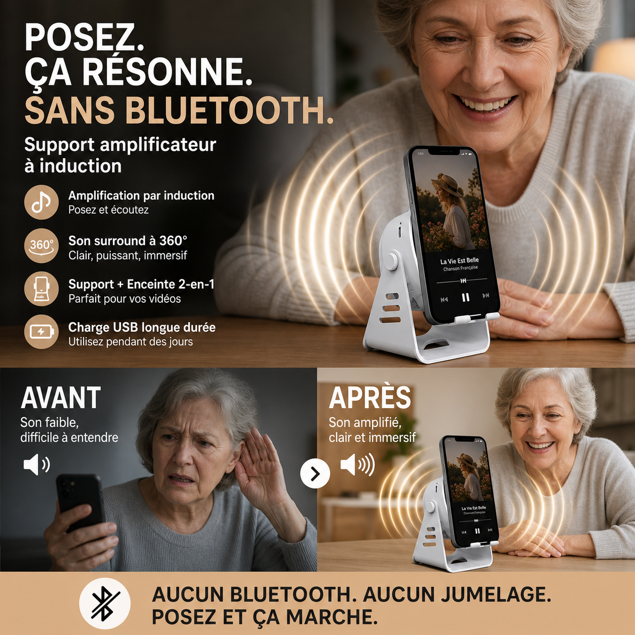 📱🔊 Support téléphone avec haut-parleur à induction, support stable et son amplifié pour bureau et chambre ✨