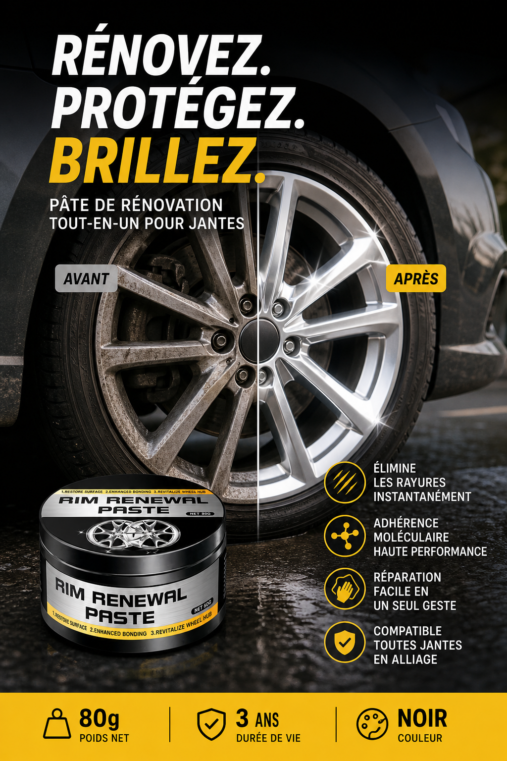 🚗 56% DE RÉDUCTION – Pâte Restauratrice Tout-en-Un pour Jantes – Efface les Rayures, Redonne Brillance & Protège Durablement ✨
