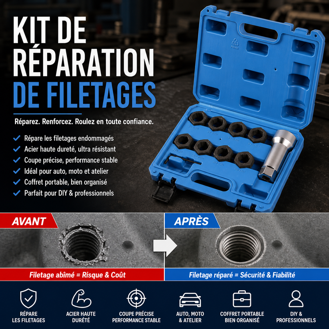 🔧 50% DE RÉDUCTION! 🚗 Jeu d'outils de réparation de filetages – Restaure les filets abîmés, robuste & facile à utiliser – Idéal pour l'entretien automobile et mécanique 🛠️