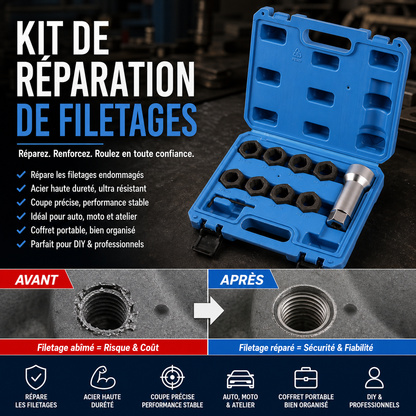 🔧 50% DE RÉDUCTION! 🚗 Jeu d'outils de réparation de filetages – Restaure les filets abîmés, robuste & facile à utiliser – Idéal pour l'entretien automobile et mécanique 🛠️
