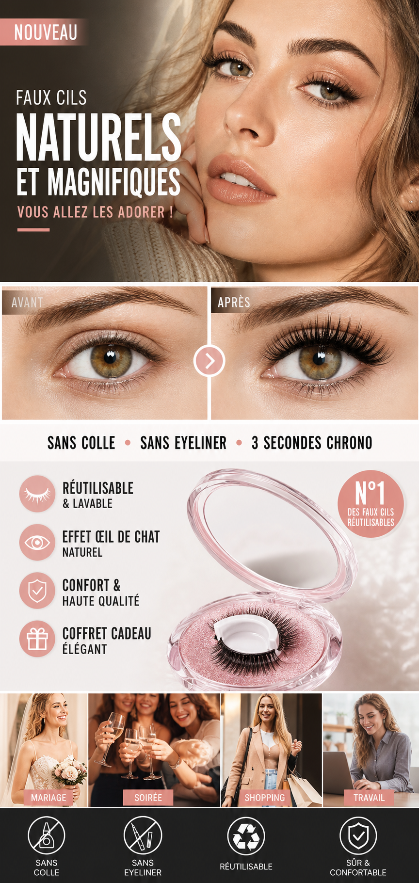 💧👀 Cils magnétiques waterproof – Adhésion instantanée sans colle, résistent à l’eau et à la transpiration, pour un regard sublime du matin au soir ☀️🌙