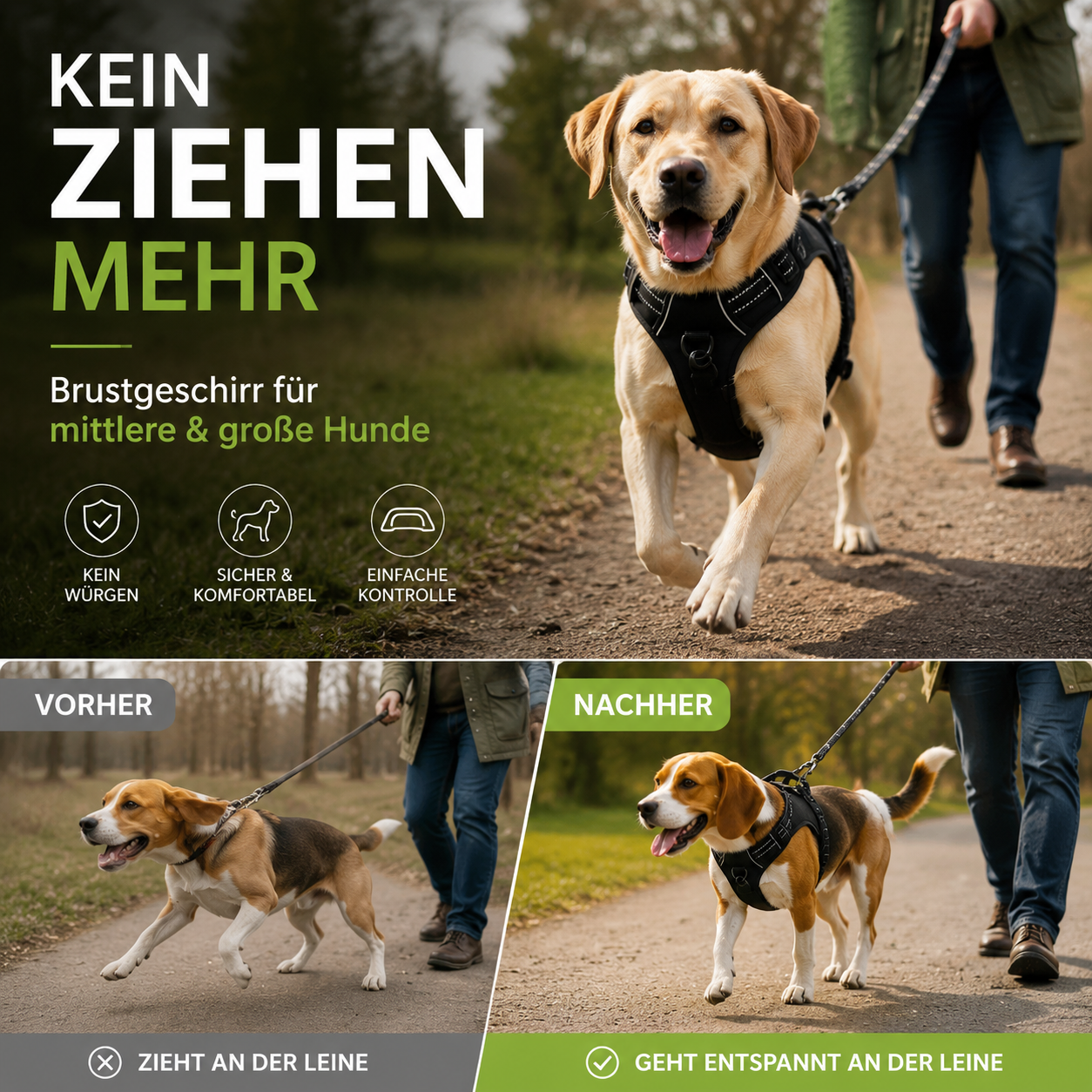 🐕 50% DE RÉDUCTION ! 🦵 Harnais Anti-Traction – Réfléchissant, respirant & avec deux points d'attache pour laisse 🌿