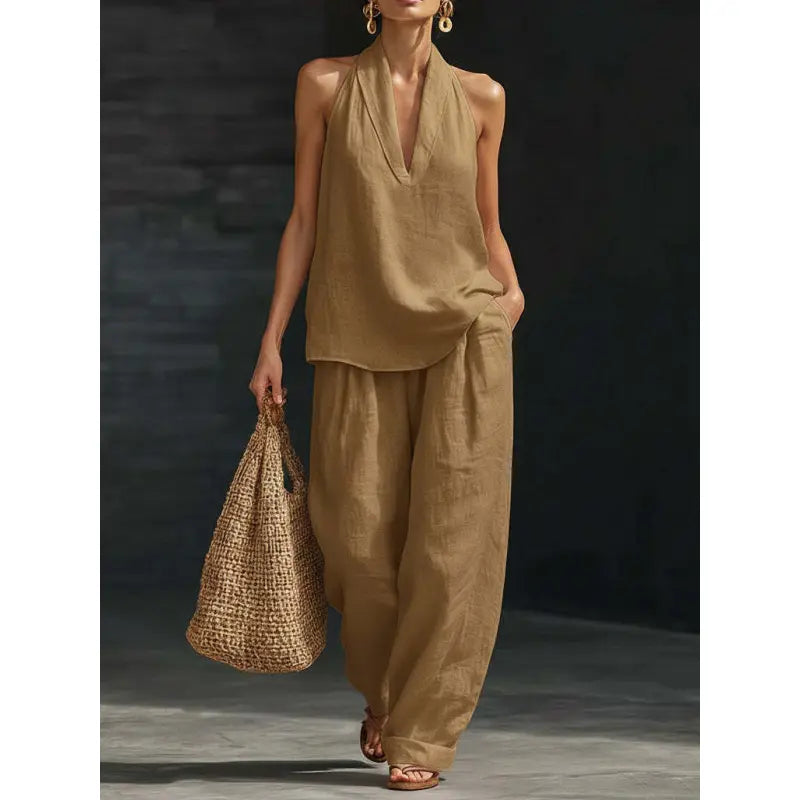 ✨🔥Ensemble deux pièces en lin bohème – Haut sans manches à col haltère et pantalon à jambes larges