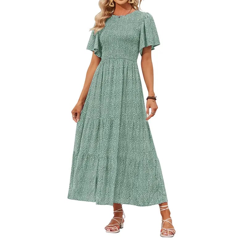 ⏰Robe longue fluide pour femme, style décontracté, à imprimé floral, manches flottantes, smockée et taille haute