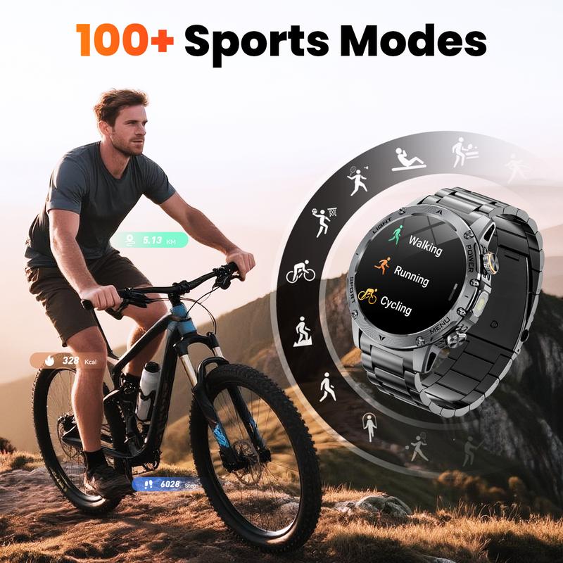 Montre Connectée Style Militaire pour Homme – Écran AMOLED 1,7", Batterie 1100 mAh, Étanche IP68, 110+ Modes Sport