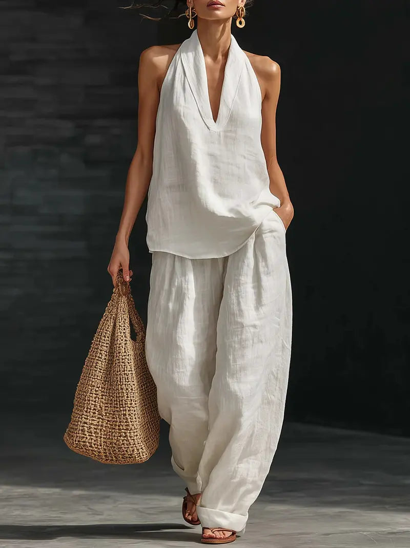 ✨🔥Ensemble deux pièces en lin bohème – Haut sans manches à col haltère et pantalon à jambes larges