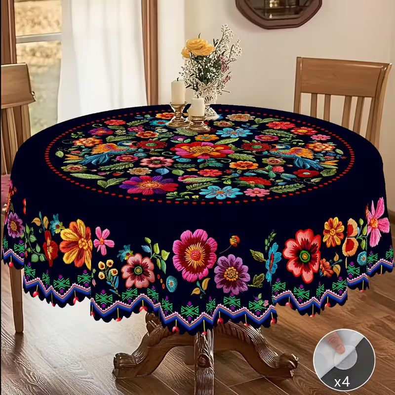 Mexican Floral Tablecloth with Scalloped Edge
