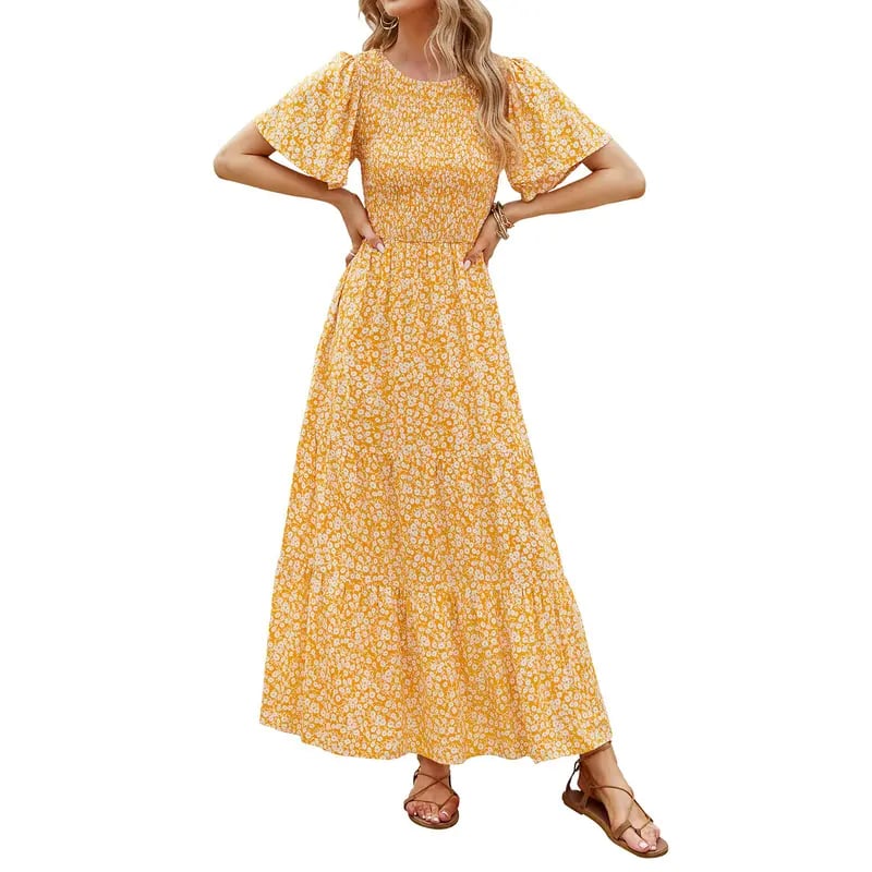 ⏰Robe longue fluide pour femme, style décontracté, à imprimé floral, manches flottantes, smockée et taille haute