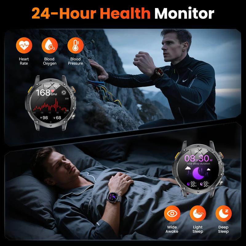 Montre Connectée Style Militaire pour Homme – Écran AMOLED 1,7", Batterie 1100 mAh, Étanche IP68, 110+ Modes Sport