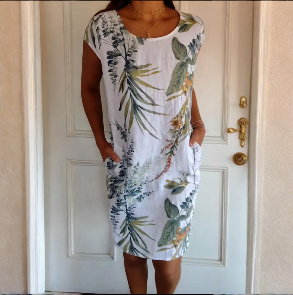🍀Robe à Col Rond à Imprimé Botanique – Vente de Printemps – Tissu Léger, Motif Naturel & Coupe Décontractée🌸