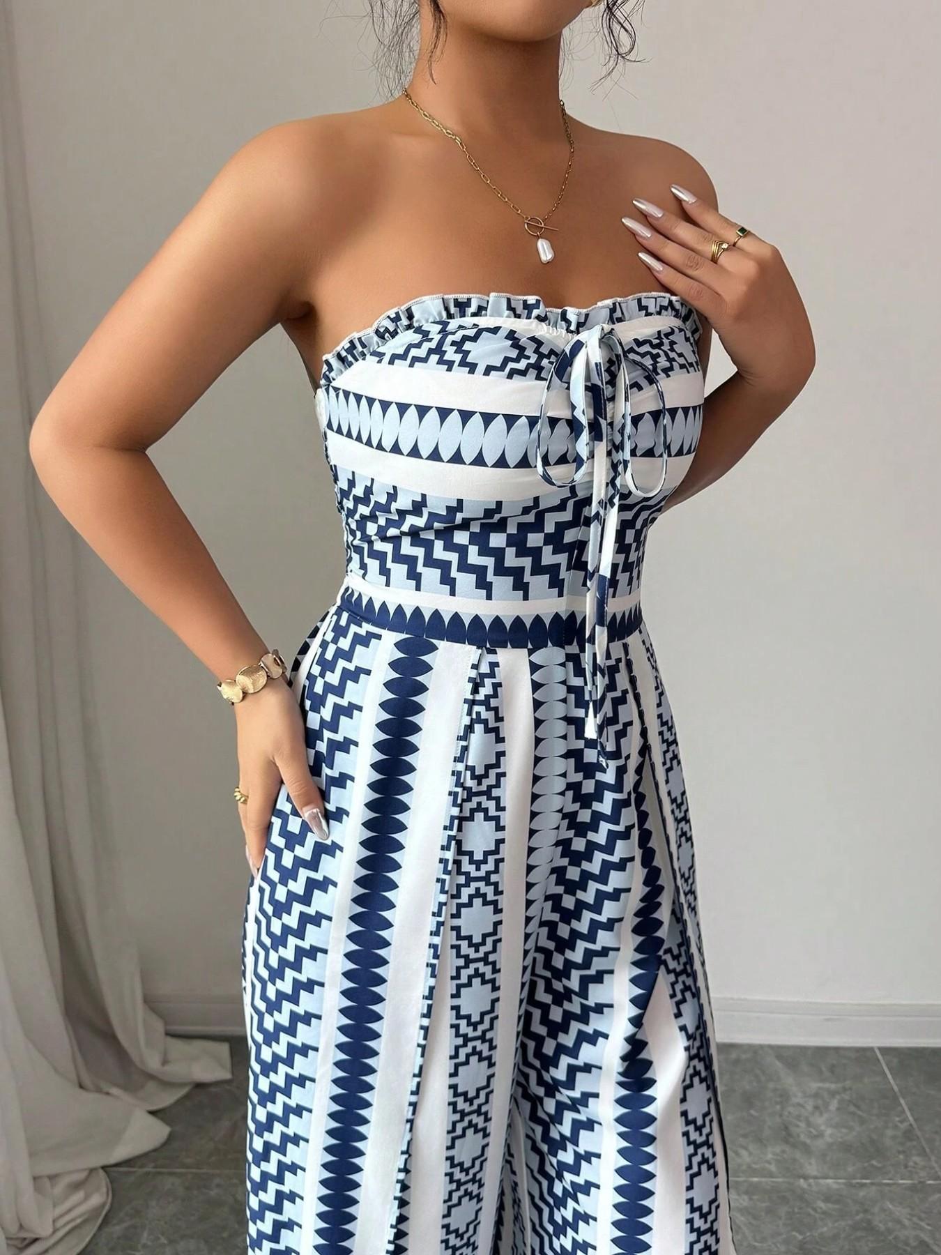 👗 50% DE RÉDUCTION 💥 Combinaison motifs géométriques – Encolure dos nu & fente latérale – Tissu fluide, polyvalente – parfaite pour les soirées ou les vacances ✨