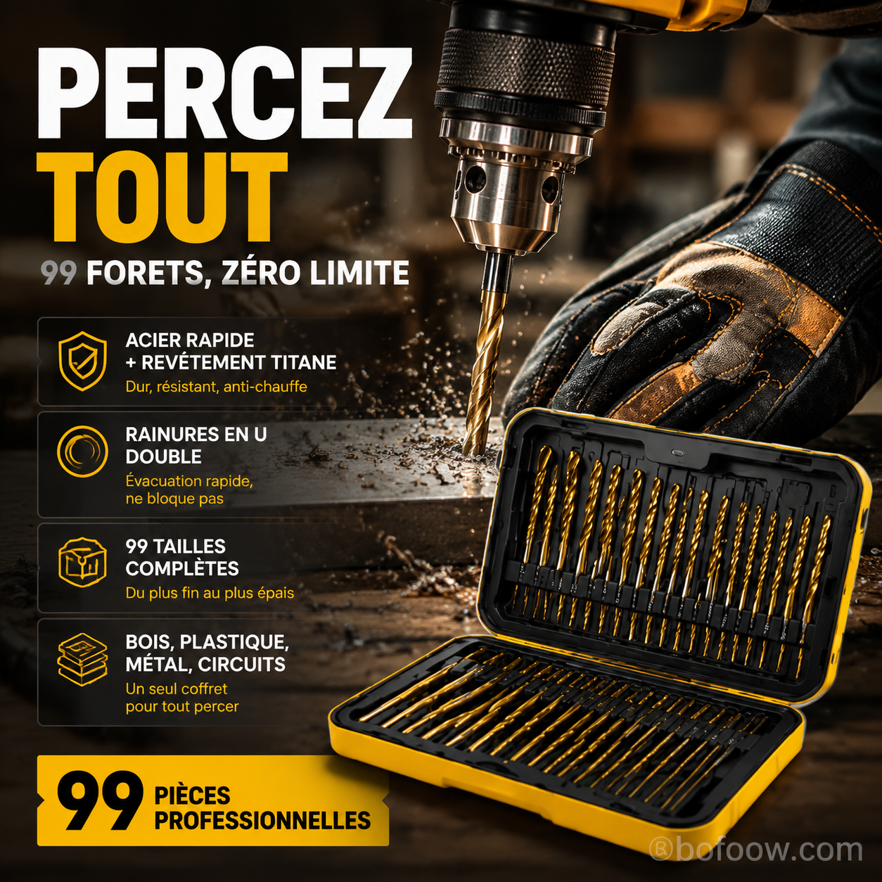 🏭⚒️ Vente usine Lot 99 forets revêtus titane, perforation durable sur bois métal plastique bricolage pro ✨